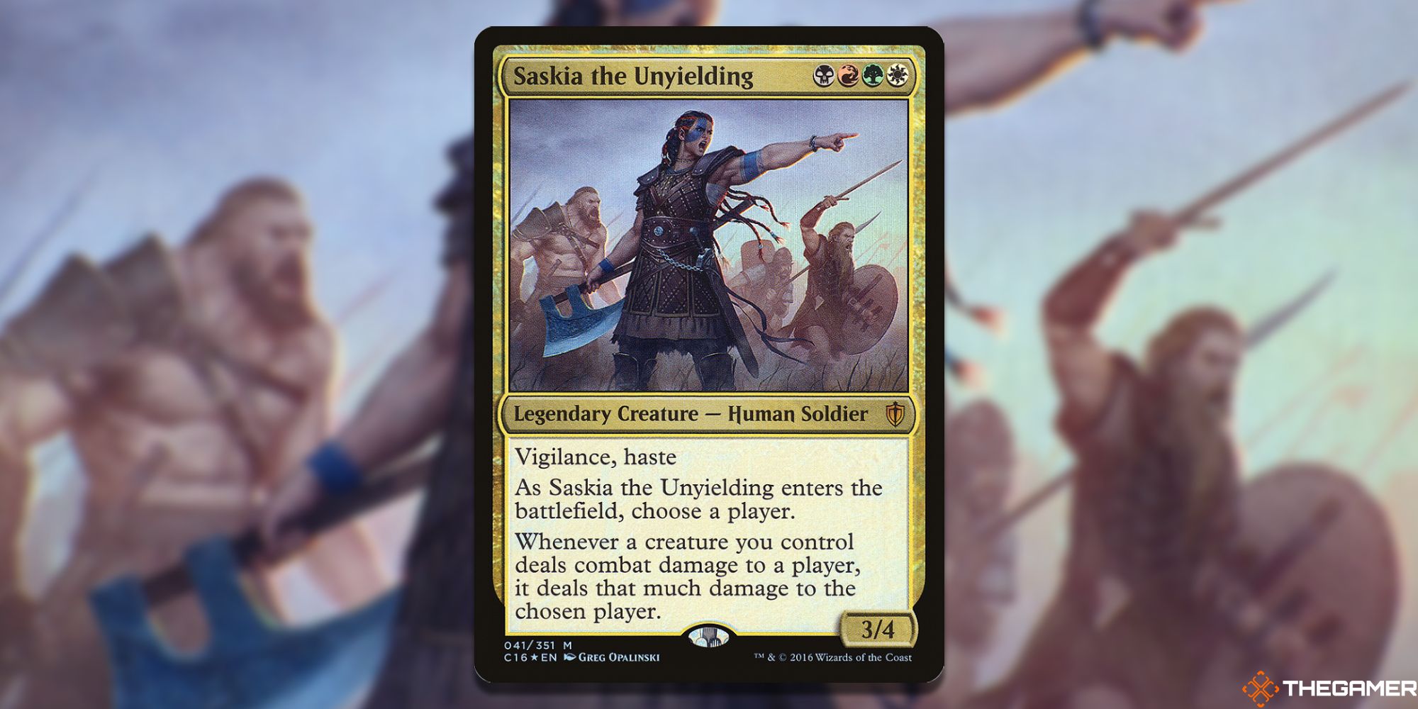 Image of the Saskia The Unyielding  card in Magic: The Gathering, with art by Greg Opalinski