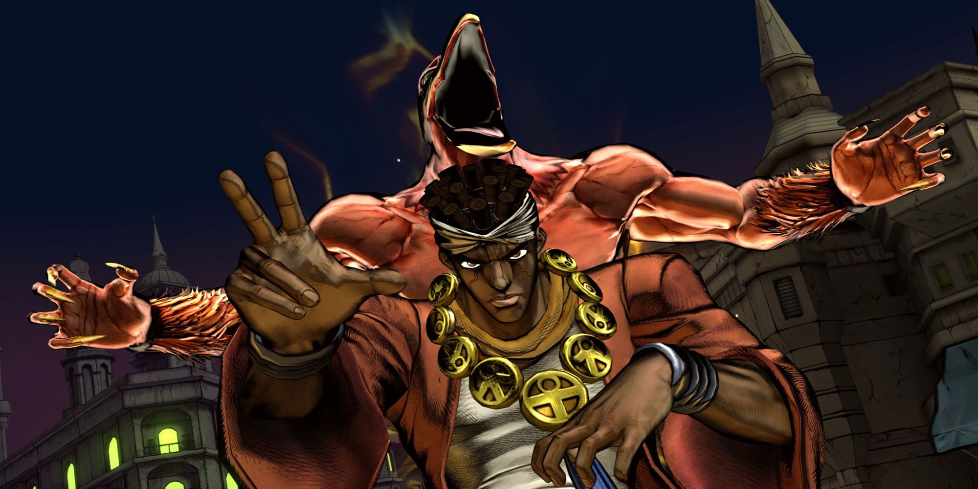 Mohammed Avdol approaches his opponent with Magician's Red in El Cairo City in Jojo's Bizarre Adventure ASBR.