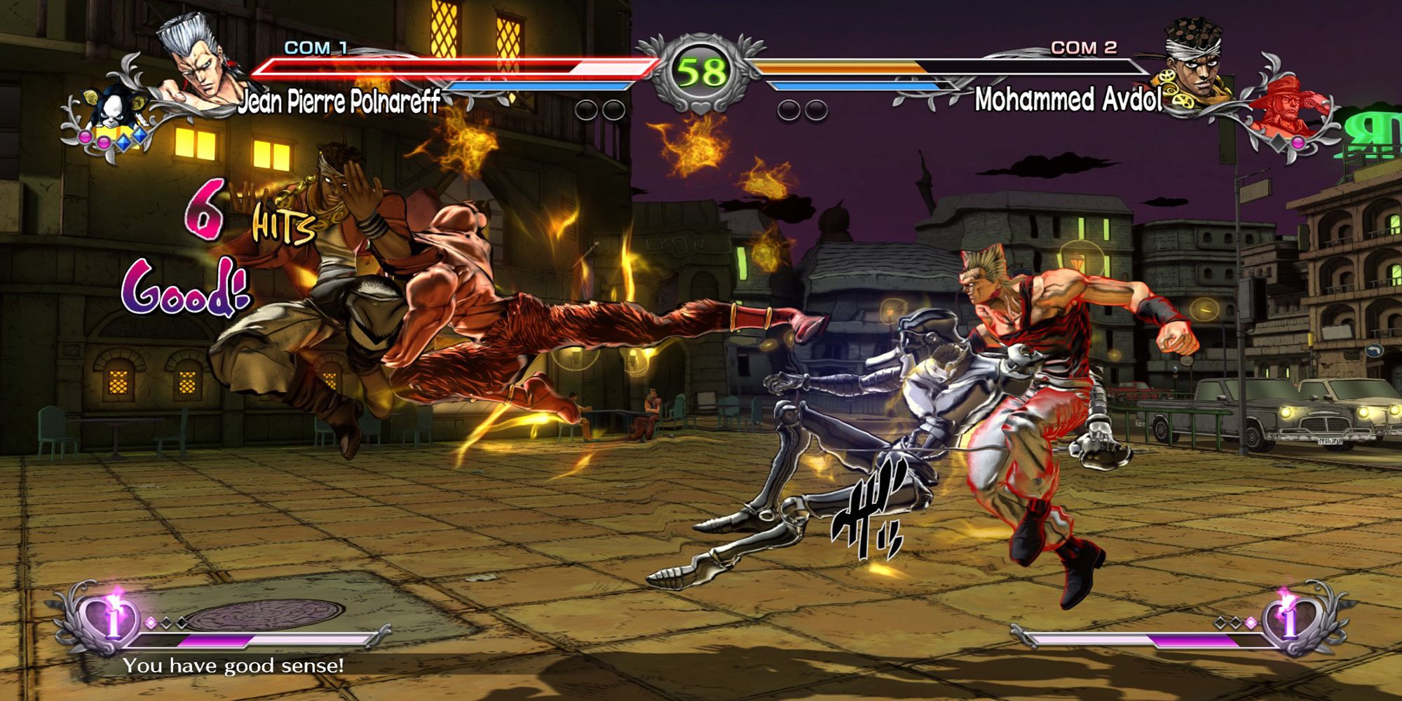 Silver Chariot dodges an attack from Magician's Red during a battle in El Cairo City in Jojo's Bizarre Adventure ASBR.