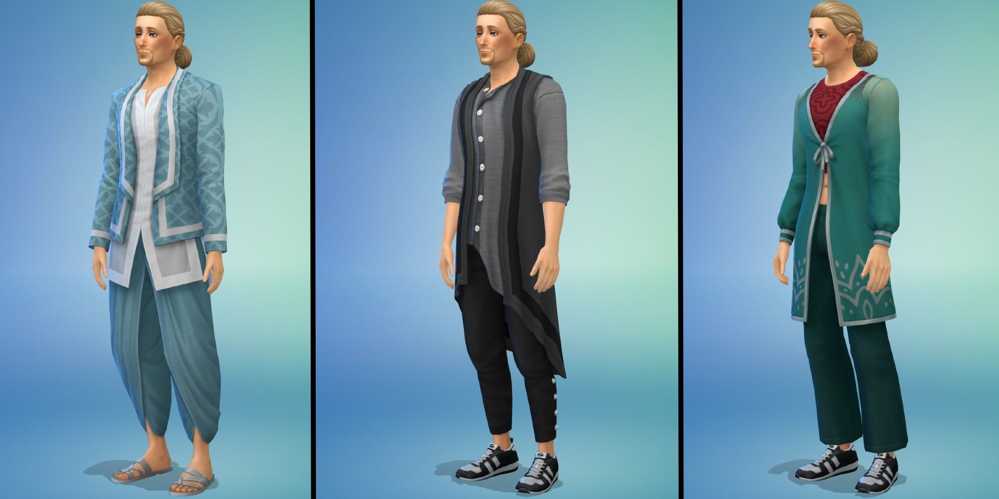 Sims 4: Fashion Steet Kit, Masculine Full-body Outfits with default swatches, in the CAS Screen