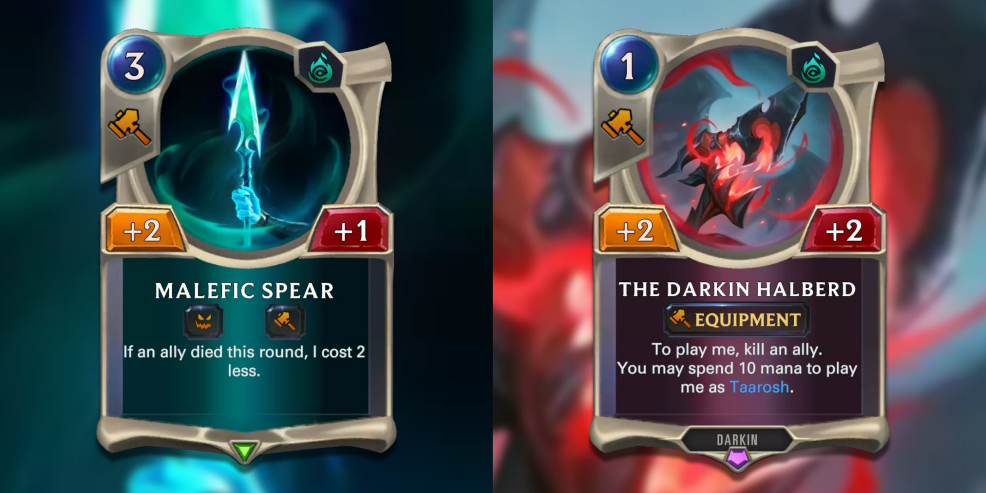 Legends of Runeterra split image of Malefic Spear and Darkin Halberd equipment cards