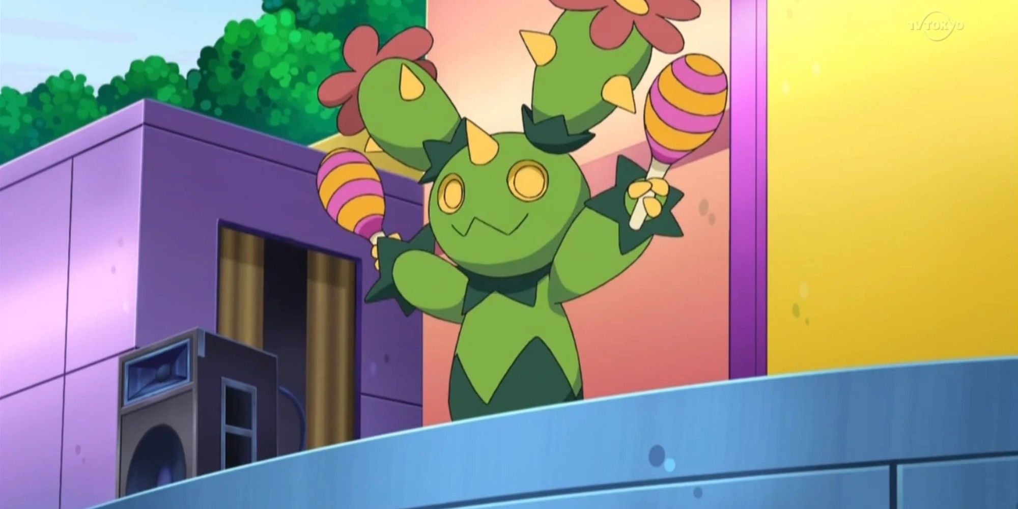Maractus from the anime looking happy on a balcony