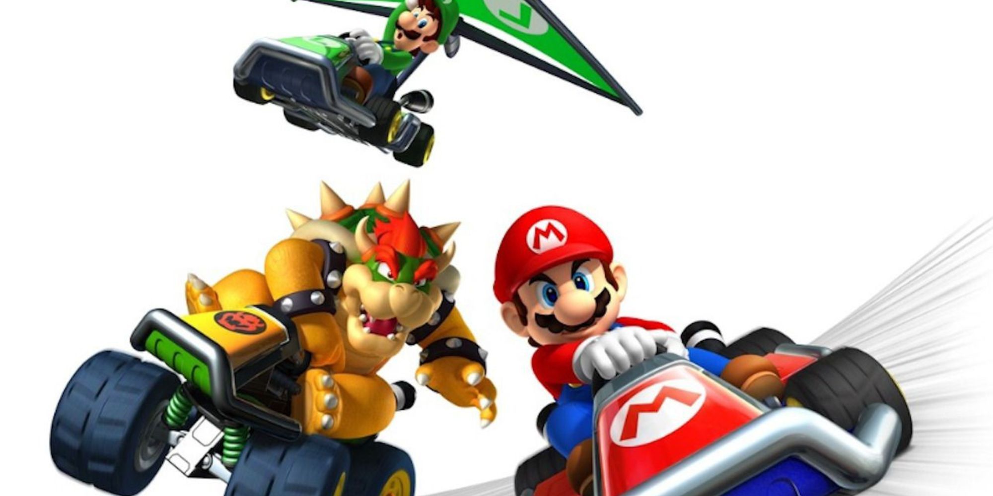 Bowser drives behind Mario while Luigi glides above them