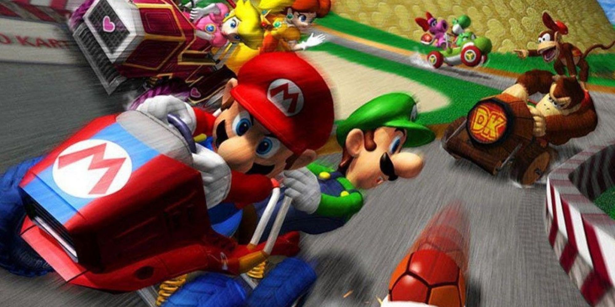 Mario and Luigi lead the race followed by Donkey Kong and Diddy Kong, Yoshi and Birdo, and Peach and Daisy