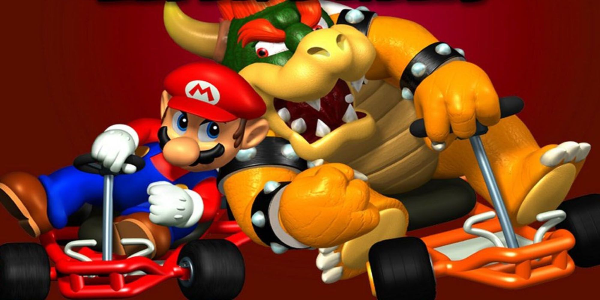 Mario and Bowser lean towards each other while driving