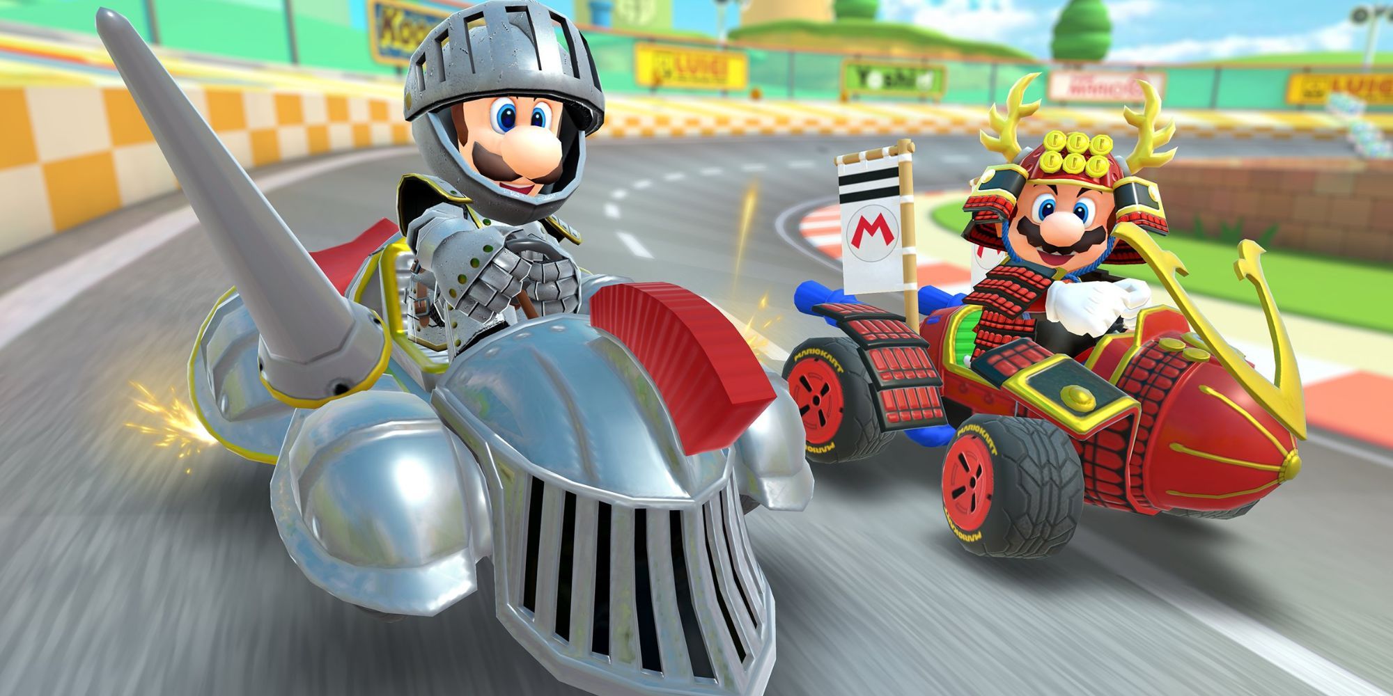 Mario and Luigi drive beside each other dressed as a samurai and knight