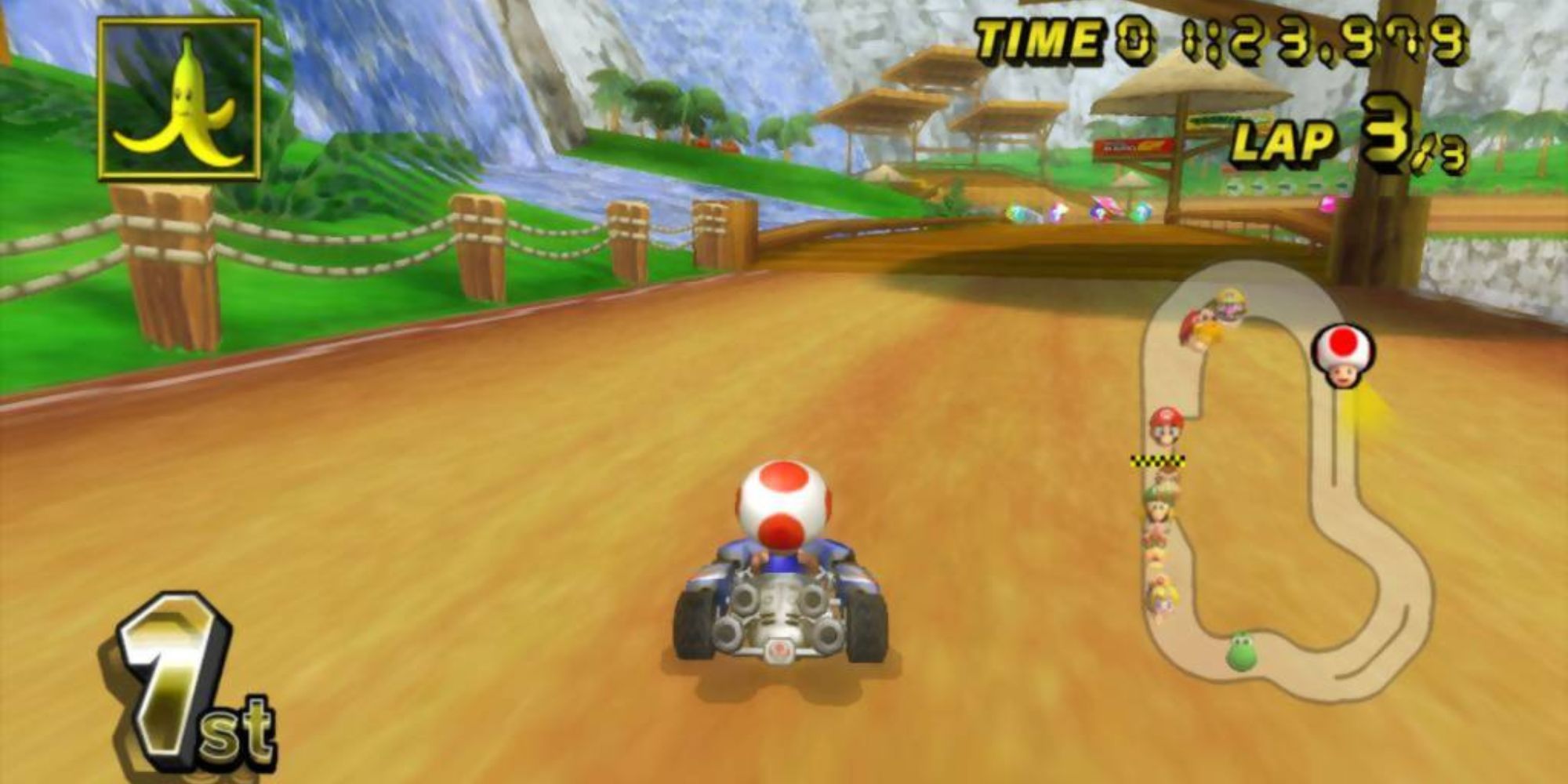 Toad drives through Yoshi Falls in first place