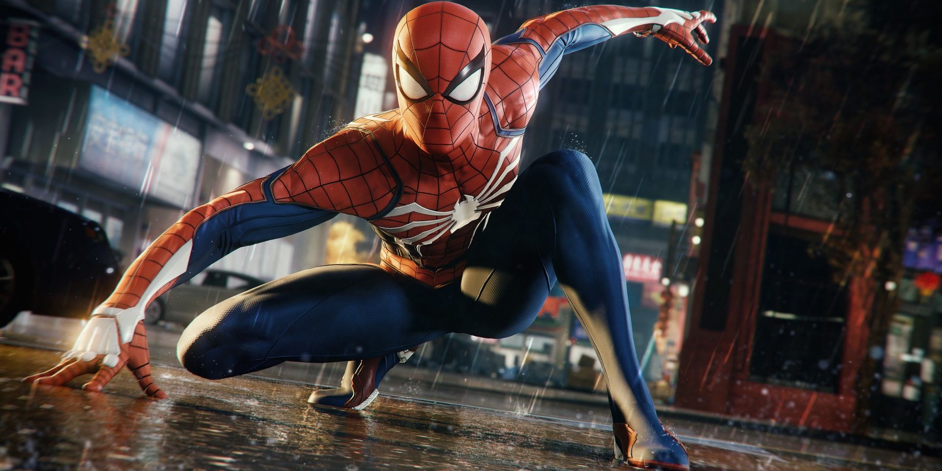 Spider-Man landing in the rain in Marvel's Spider-Man
