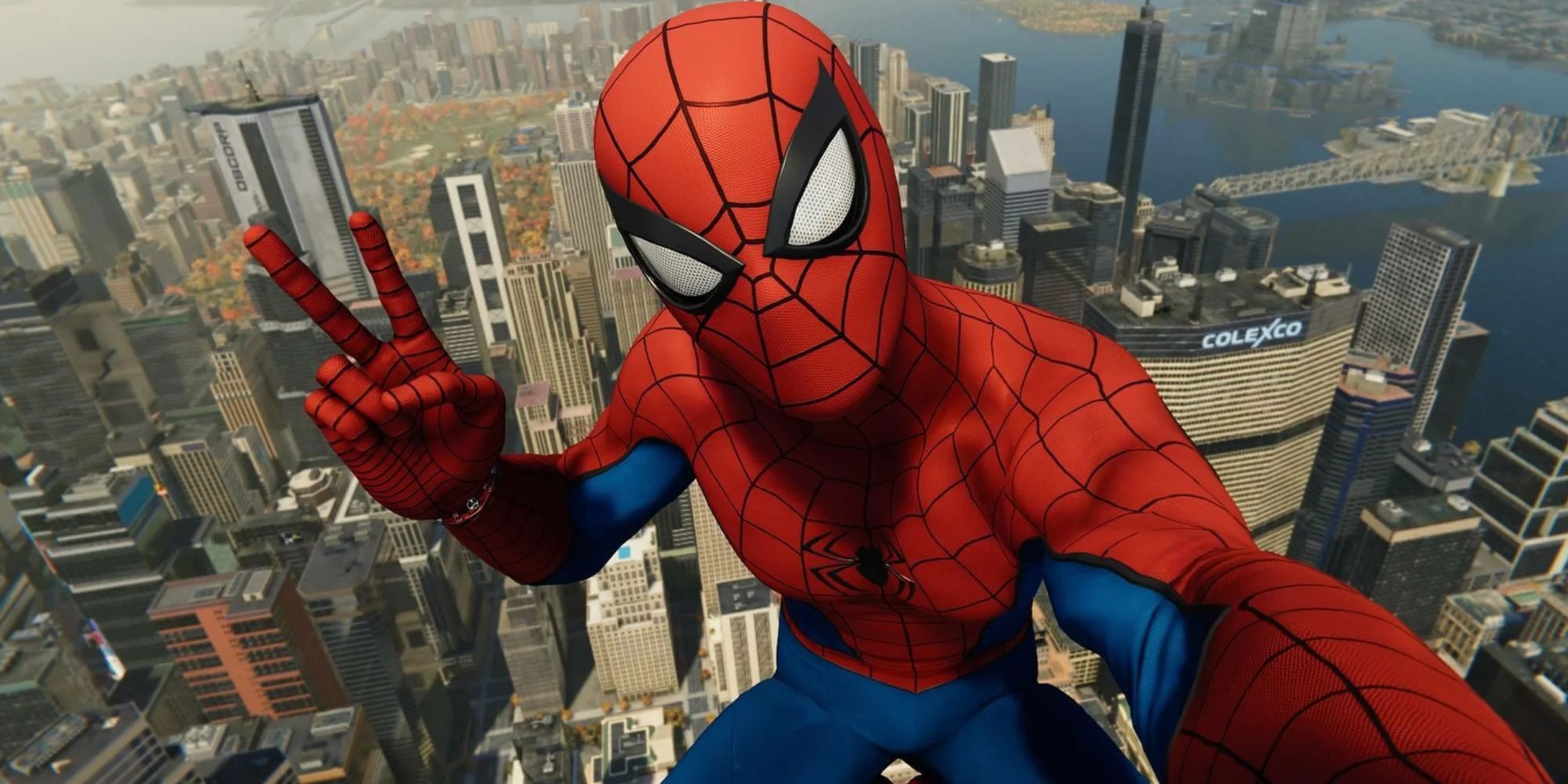 Spider-Man taking a selfie on the top of a building with Central Park in the background in Marvel's Spider-Man