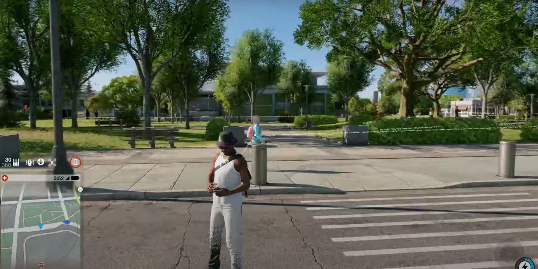 Screenshot of the Massive Communications Disruption skill used on NPCS in Watch Dogs 2.