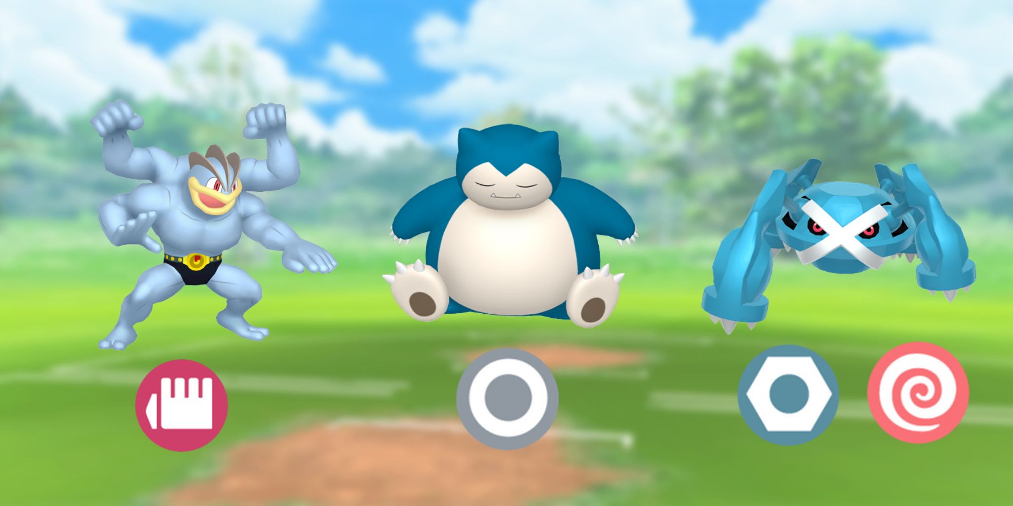 Machamp, Snorlax, and Metagross with their types below them