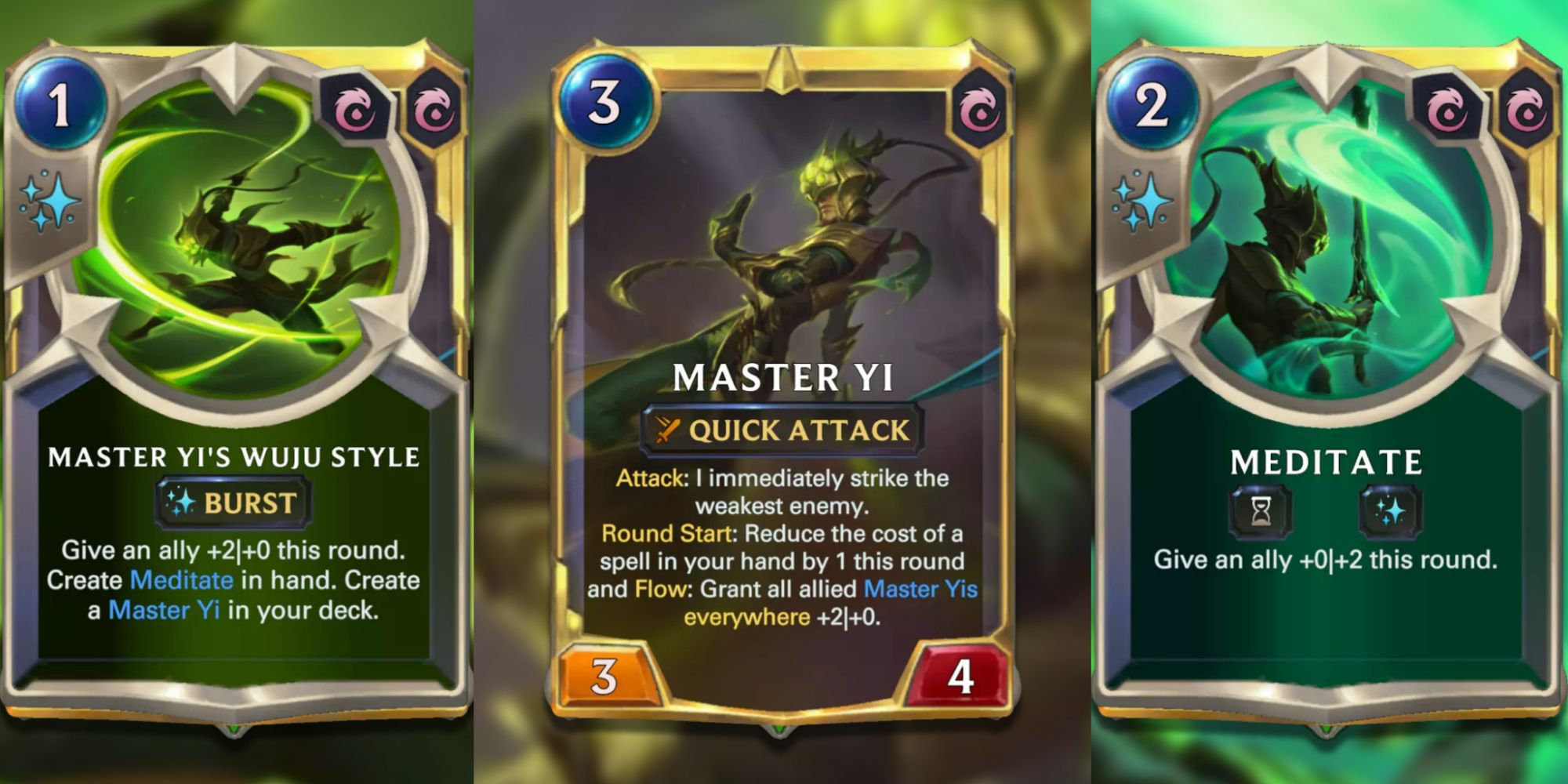 Legends of Runeterra split image of Master Yi evolved and his champion spells