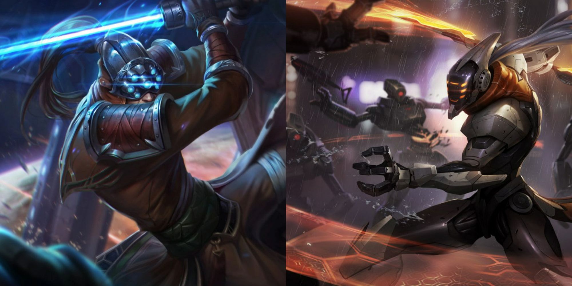 League of Legends split image of Master Yi chosen and project skins