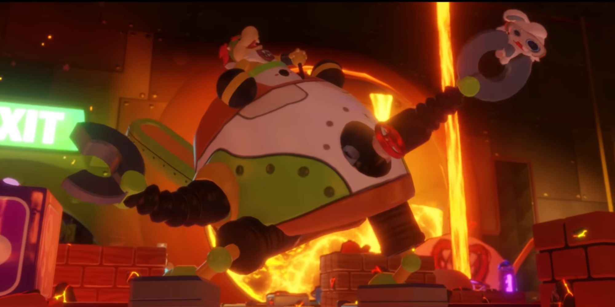 Mecha Jr. holds Spawny by an active volcano