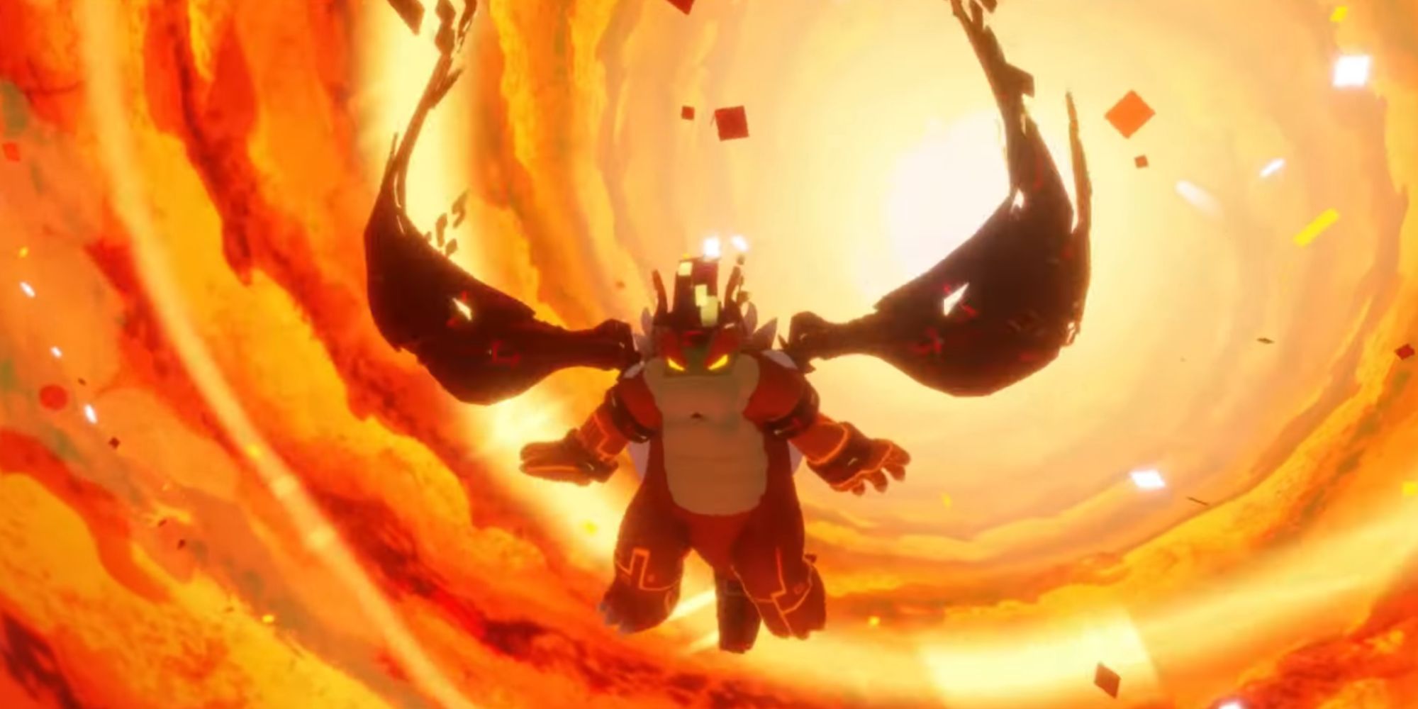 MegaDragonBowser flies in the air in front of a fiery sky