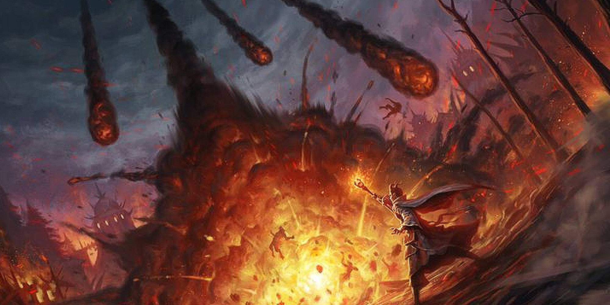 A storm of meteors falls upon a burnt forest as a figure holds a staff up