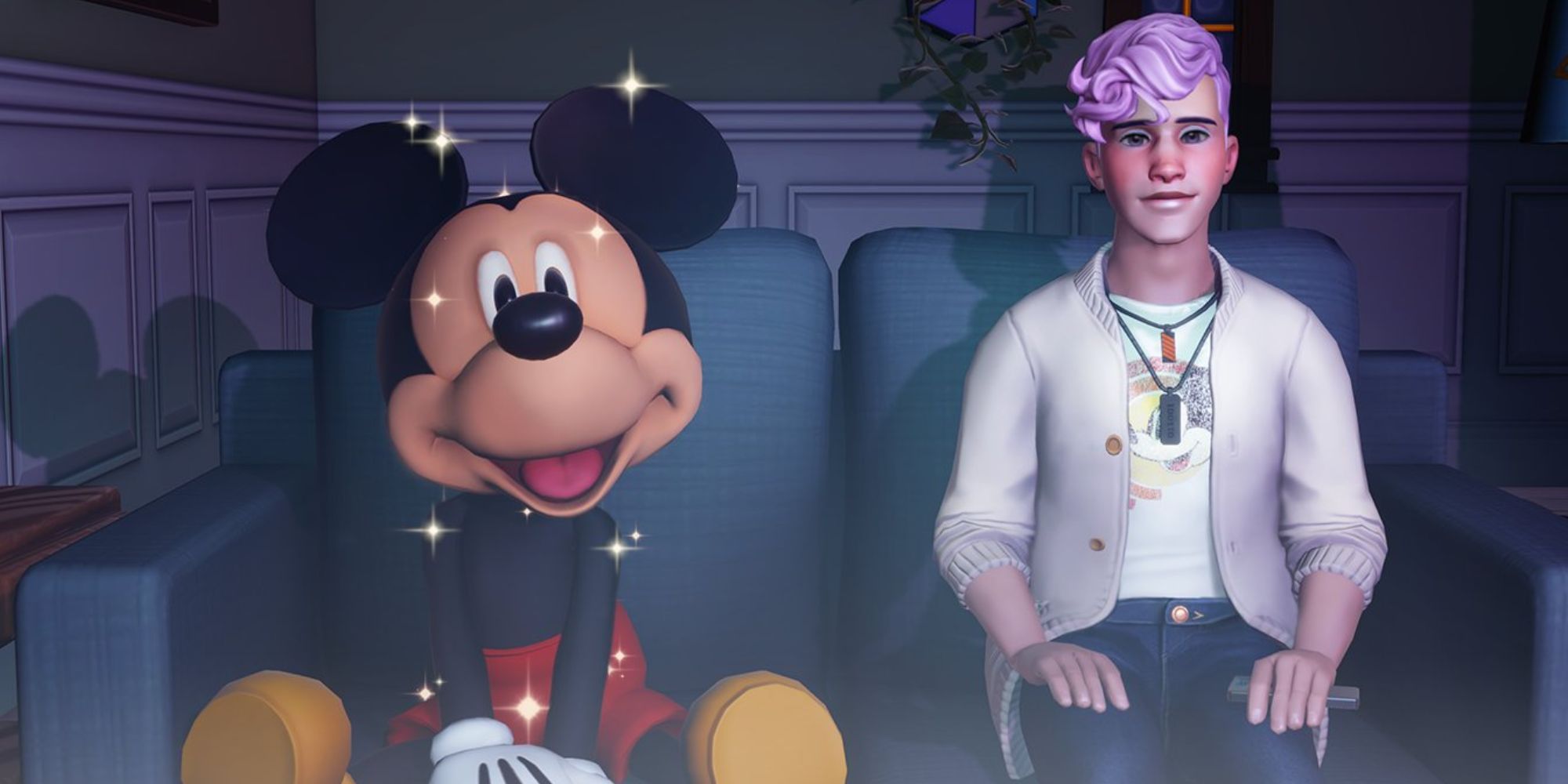 Mickey standing on a couch right next to a character in Disney Dreamlight Valley.