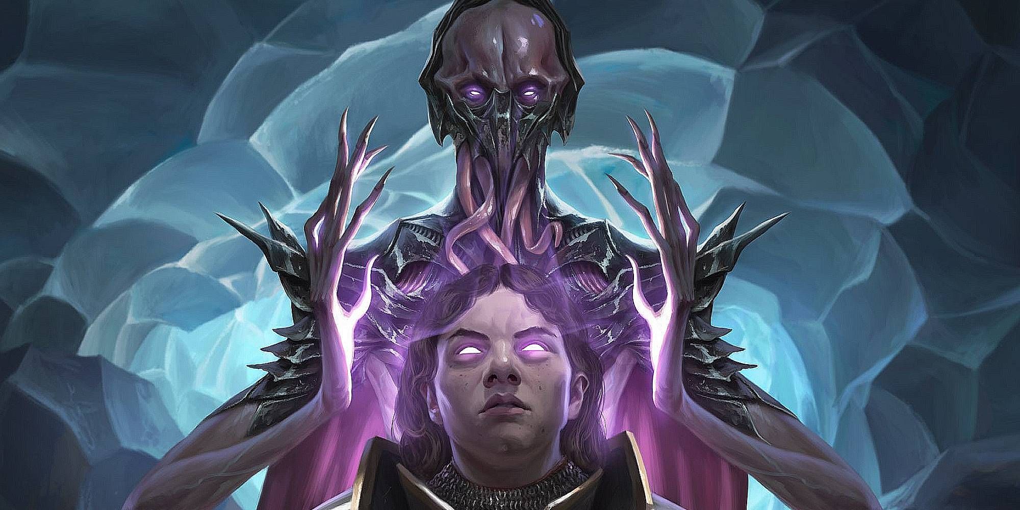 A mindflayer holds the head of a purple-eyed possessed humanoid between its hands