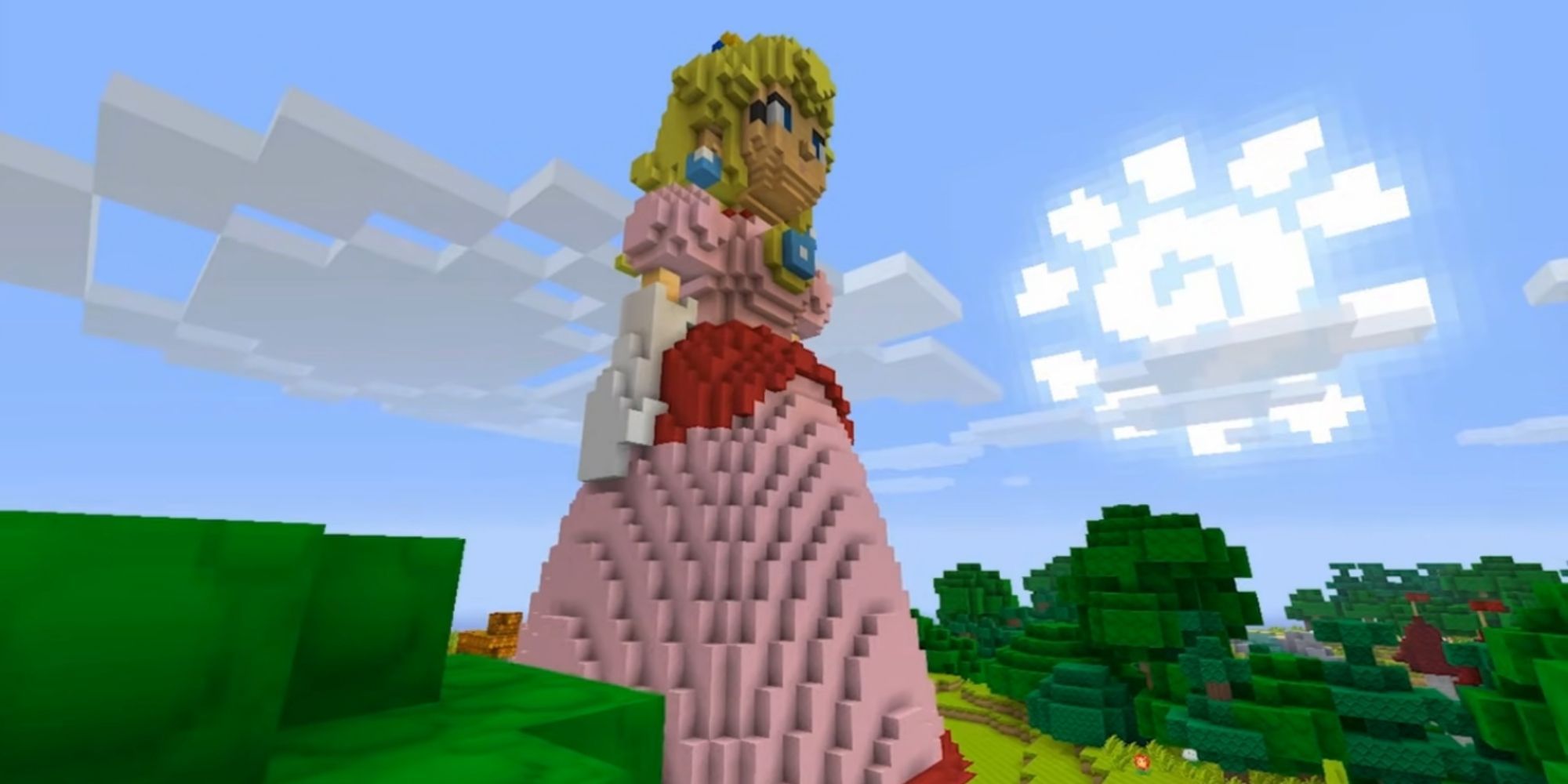 A giant Princess Peach stands in the woods on a clear day