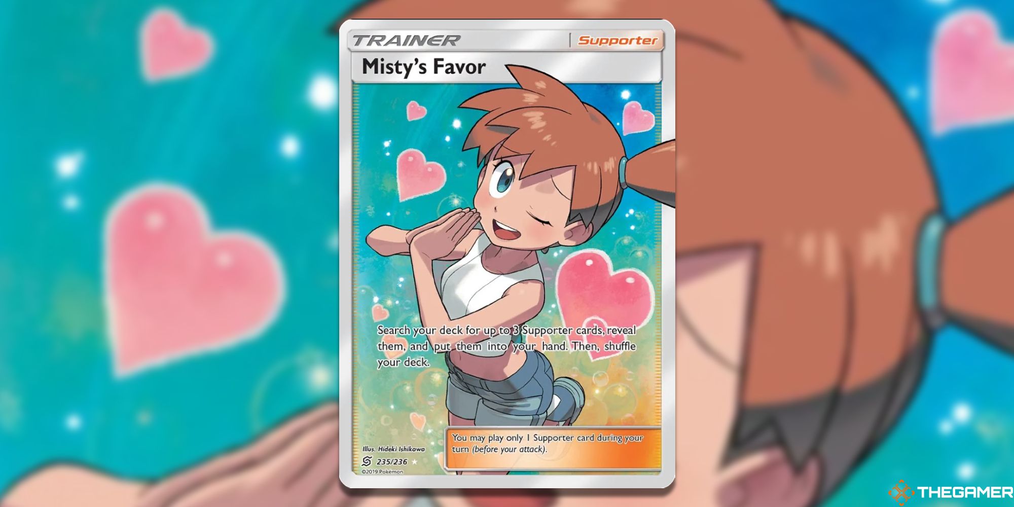 Pokemon TCG Full Art Misty's Favor from SM-Unified Minds with blurred background