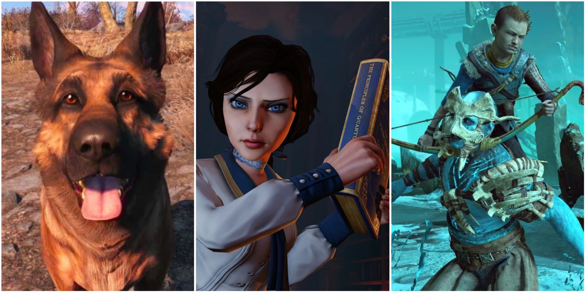 Collage of the Most Helpful NPCs featuring Dogmeat from Fallout, Elizabeth from Bioshock: Infinite and Atreus from God of War