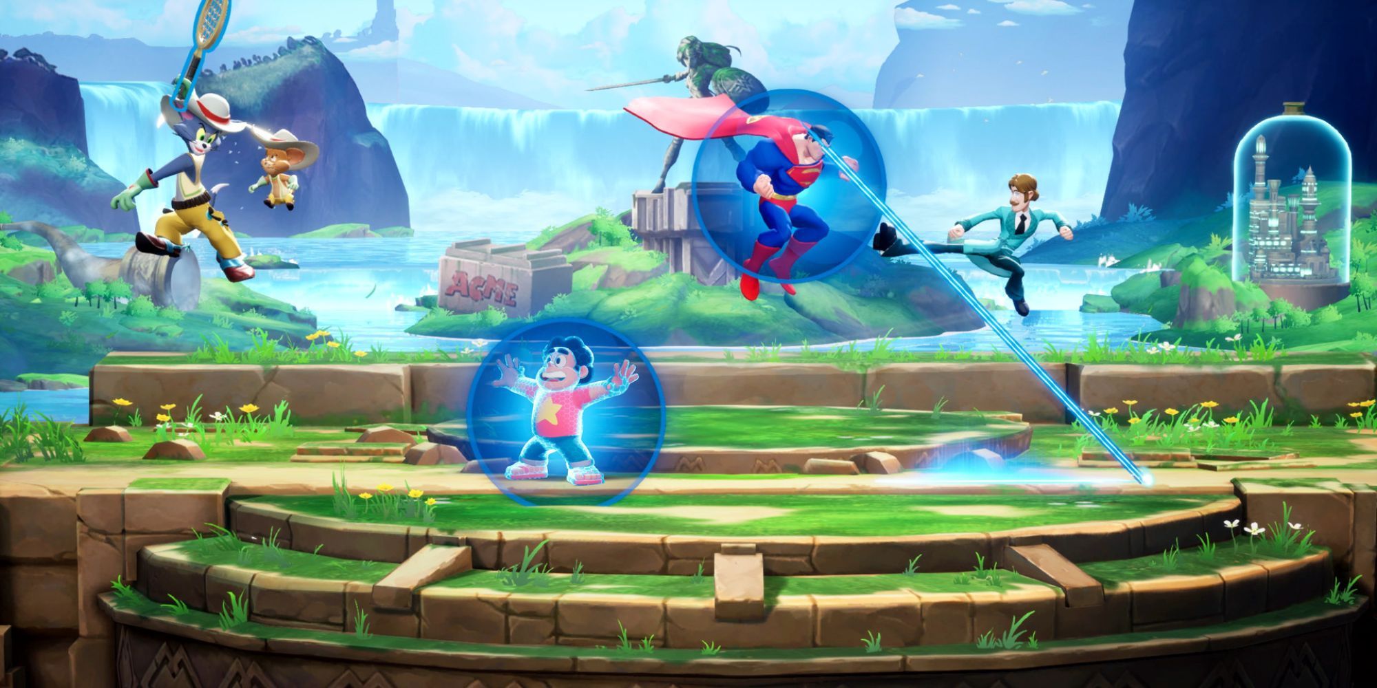 Steven Universe blocks an attack from Tom and Jerry while Superman attacks Shaggy
