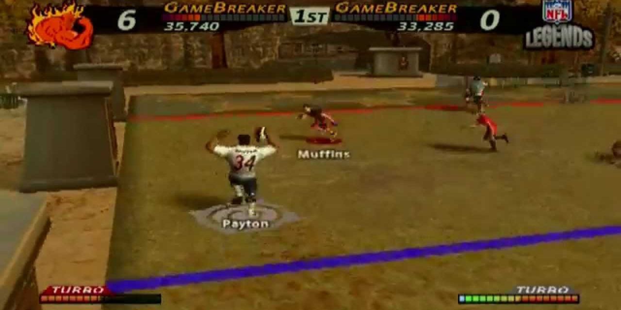 Walter Payton celebrating as he runs in for a touchdown in NFL Street