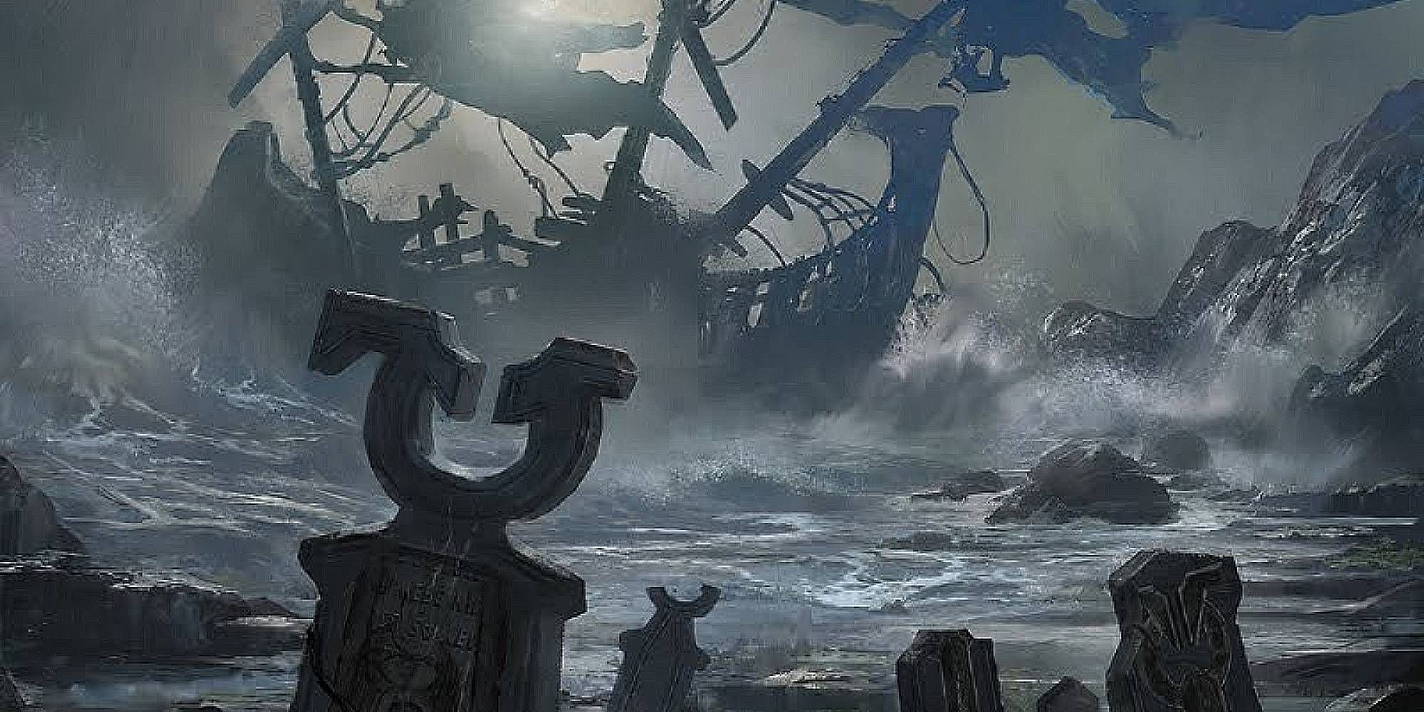 A wrecked ship sits upon a beach of tombstones