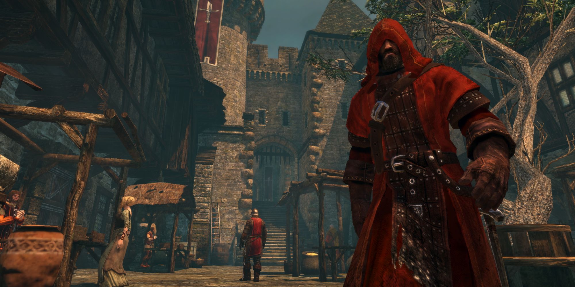 a shot of a red-cloaked character walking through a medieval fantasy town in the game Game of Thrones (2012).