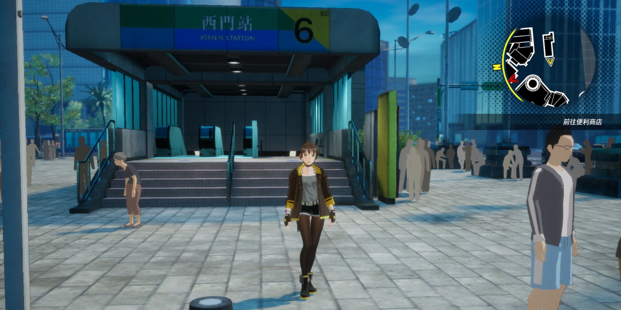 a shot of Yumo from Dusk Diver standing outside of a train station with a minimap in the top right corner