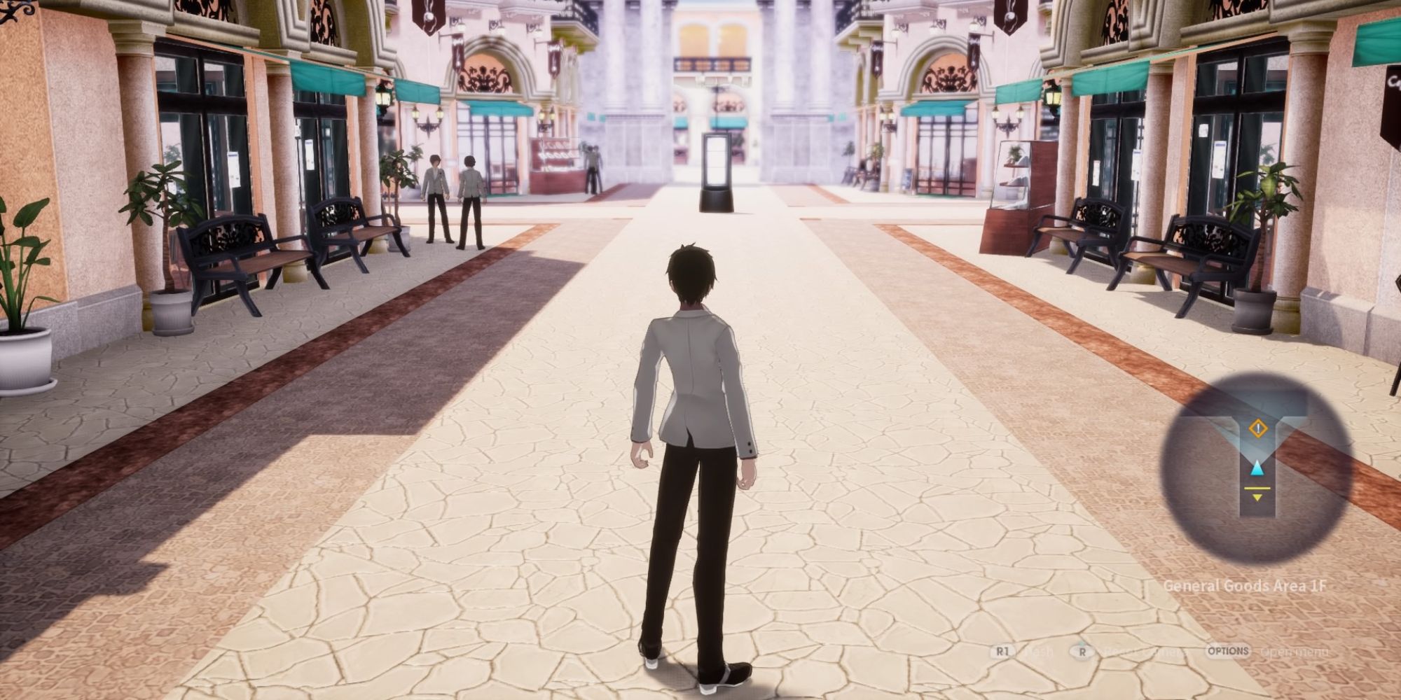a shot of the player character from The Caligula Effect standing in a dungeon that resembles a shopping mall