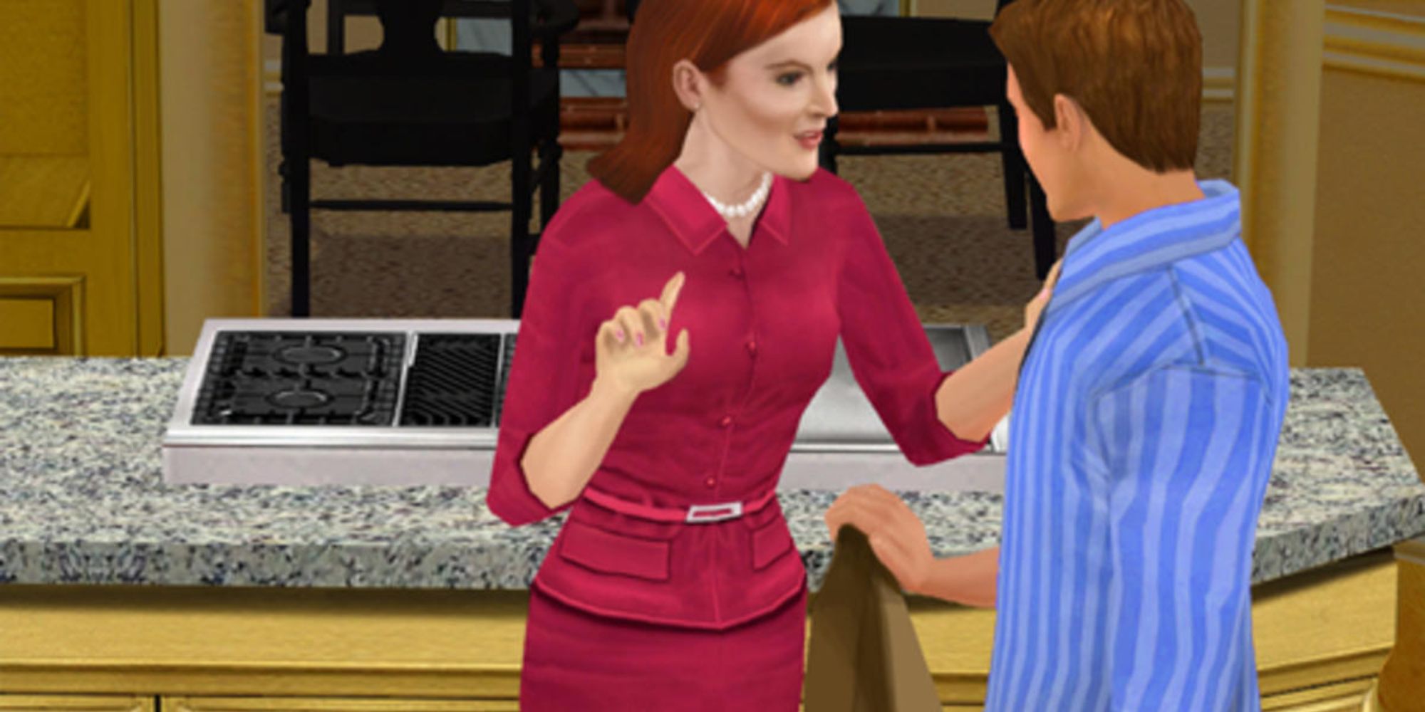 a shot of Bree Van De Kamp from Desperate Housewives: The Game wagging her finger in her kitchen at a man in blue-striped pyjamas 