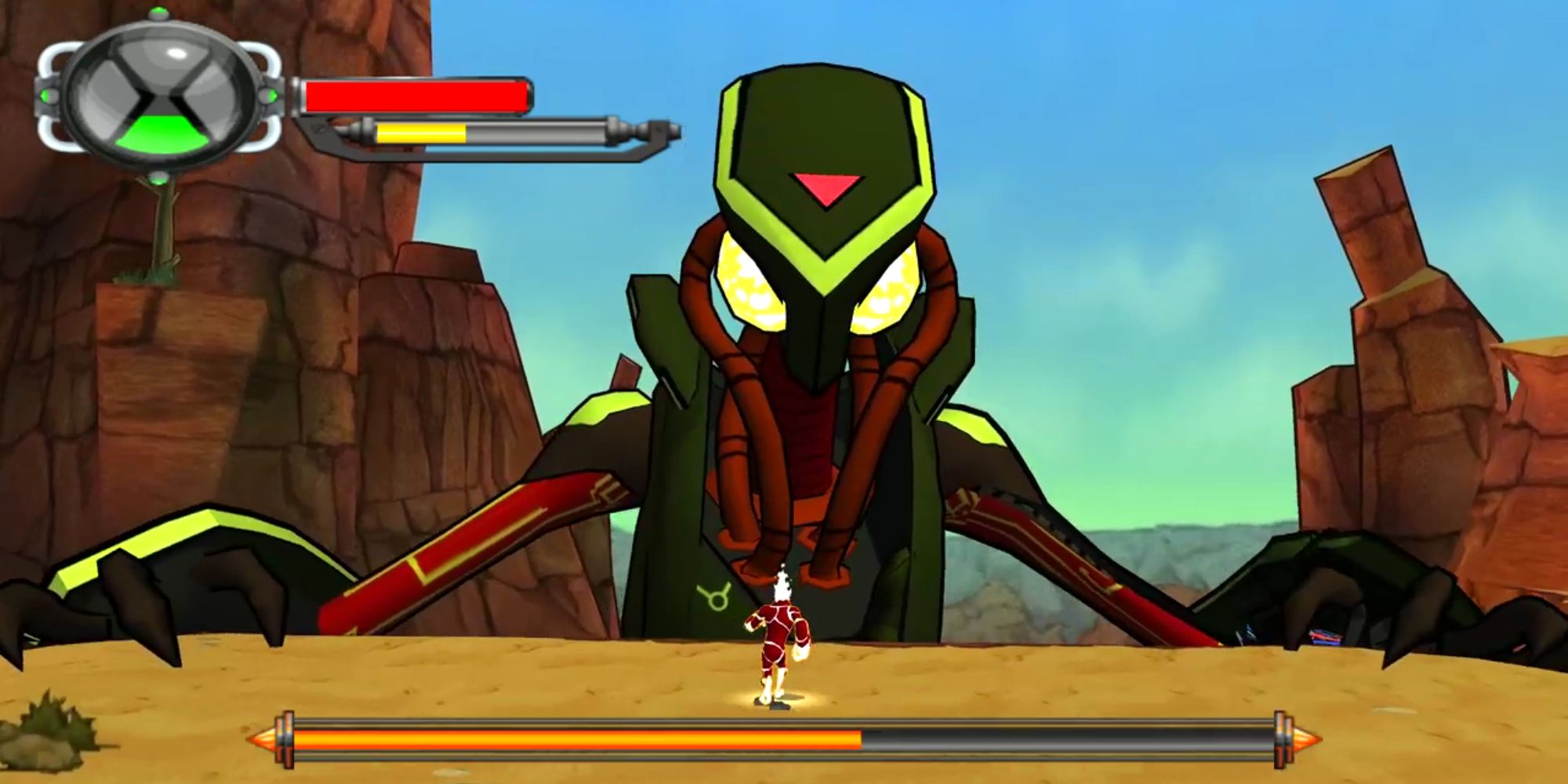 a shot of Heatblast from Ben 10: Protector of Earth fighting a giant robot boss in the desert