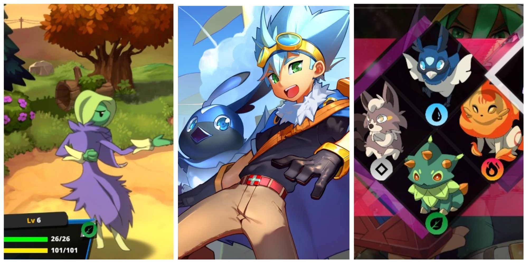 Nexomon Extinction collage of Singletti, the main character with a Noki, and four of the starter options