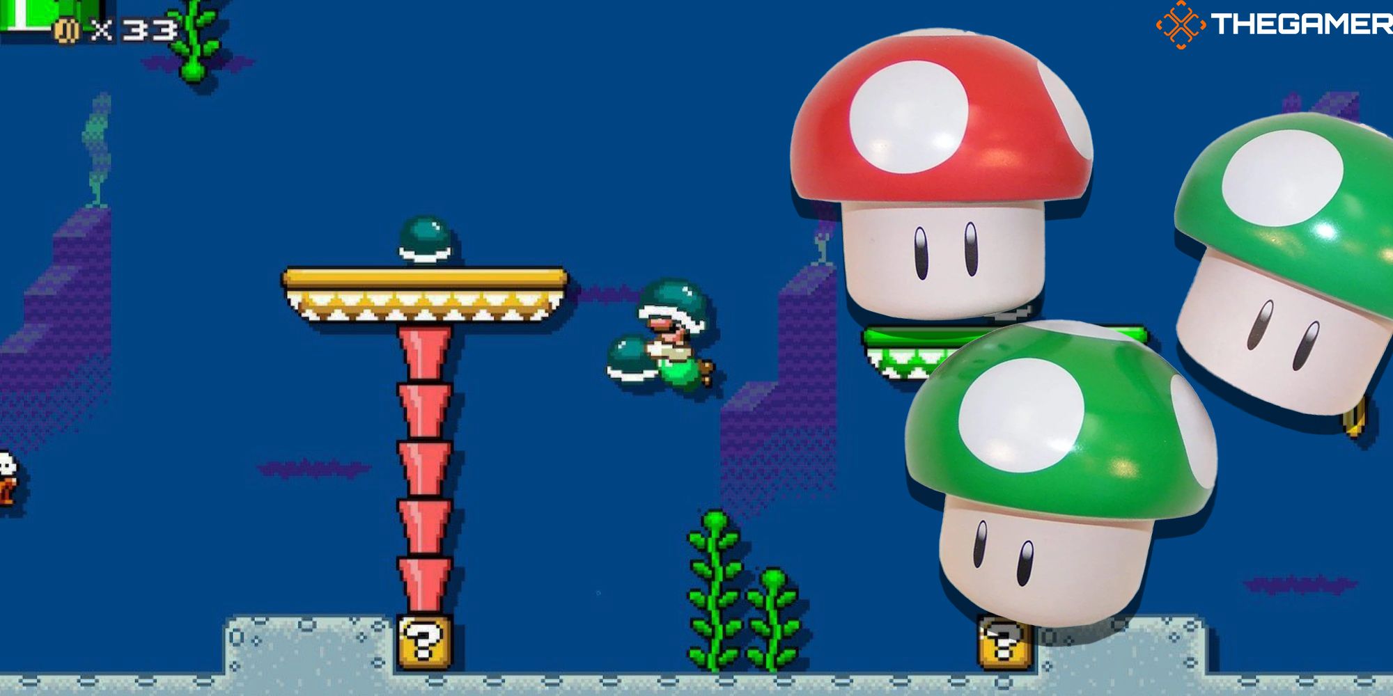 Green and Red Nintendo mushroom caps against a screenshot from Super Mario Bros 5. Custom image for TG.