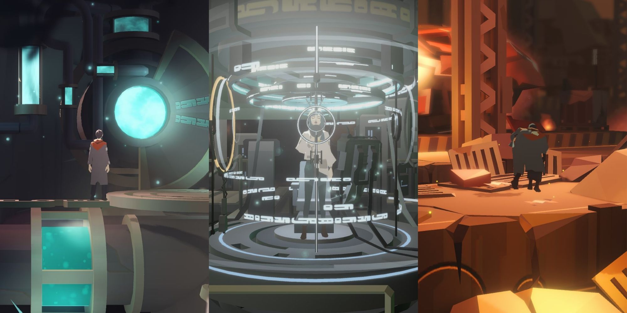 OPUS starsong three images Jun looking into lumen tank, Eda singing, Jun rescuing his guardian from fire cave