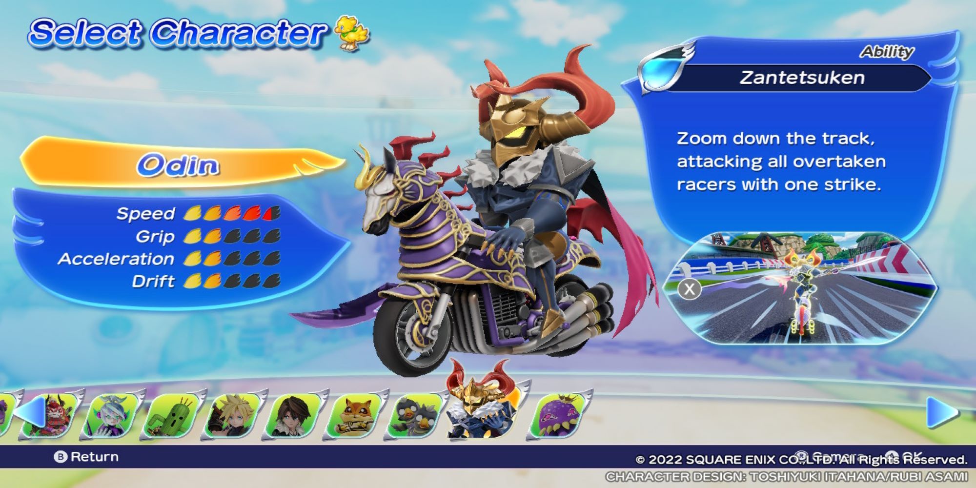 Odin rides a thunderous stallion of a motorcycle in Chocobo GP's Character Select menu.