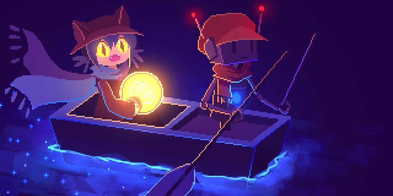 A OneShot screenshot of Niko sitting in a boat with someone rowing it