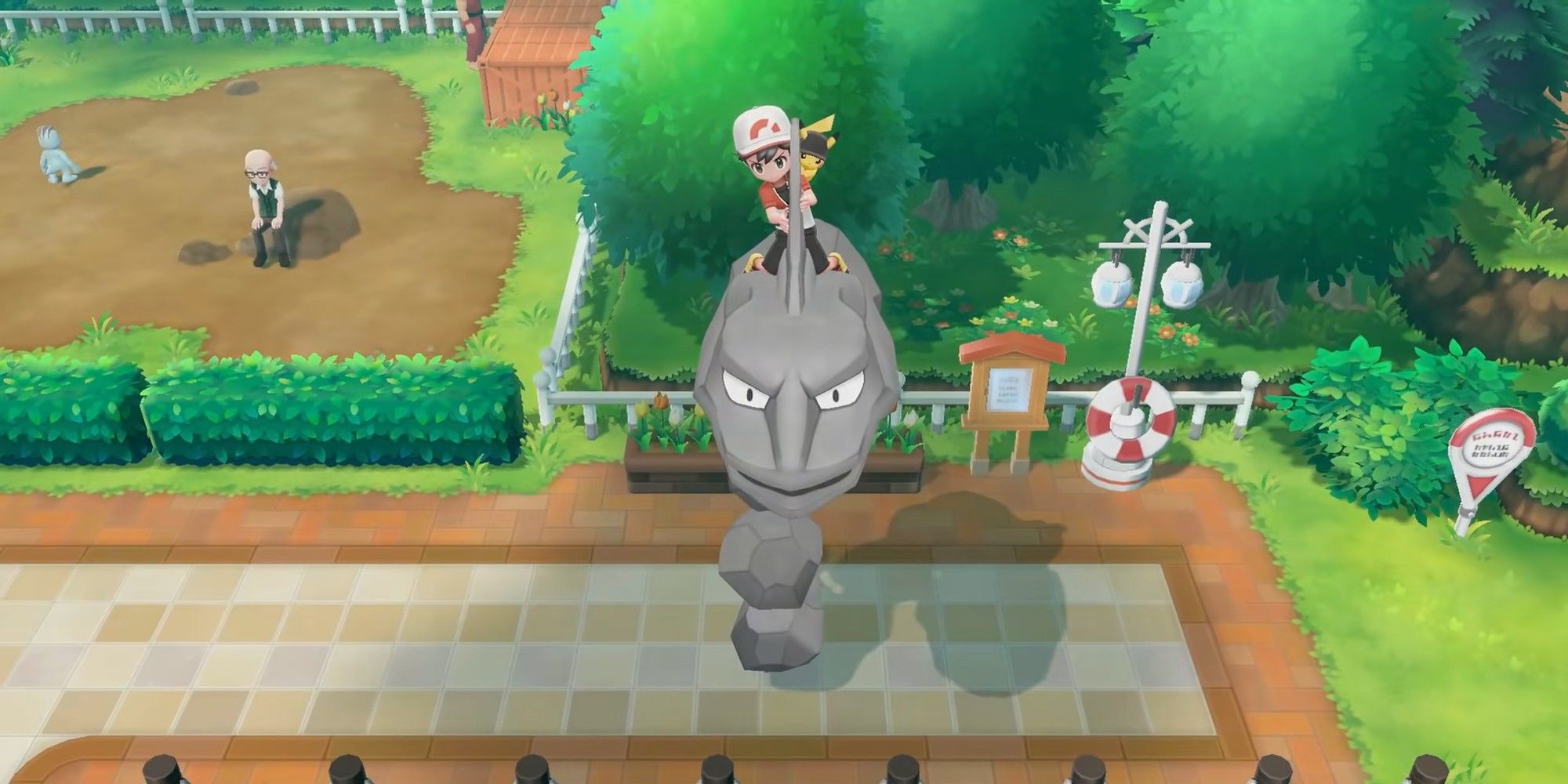 Onix from Pokemon Let's Go Eevee & Let's Go Pikachu, standing still and looking at the camera near Vermillion City