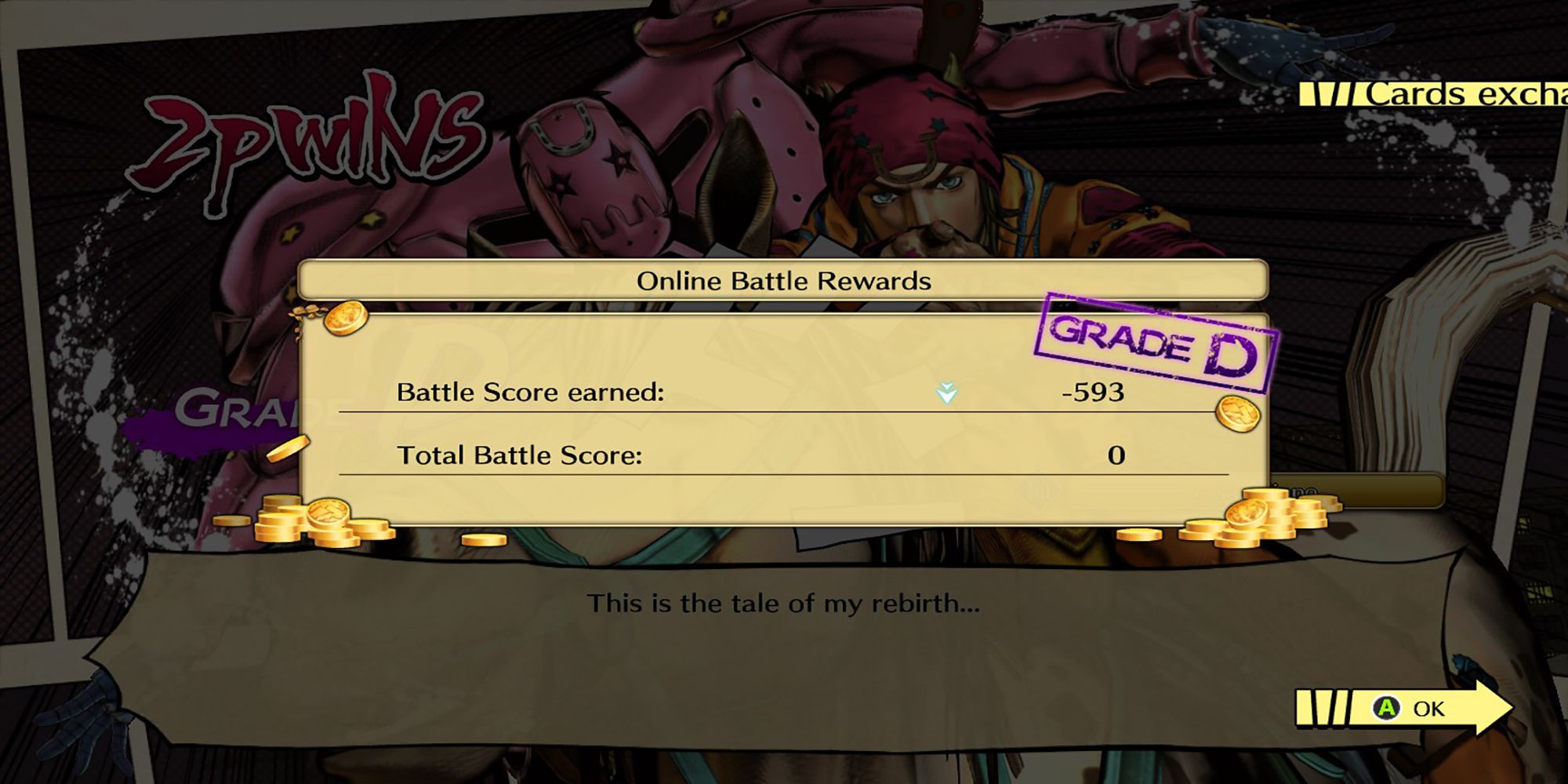 A breakdown of the online battle rewards after a loss in Jojo's Bizarre Adventure- ASBR.