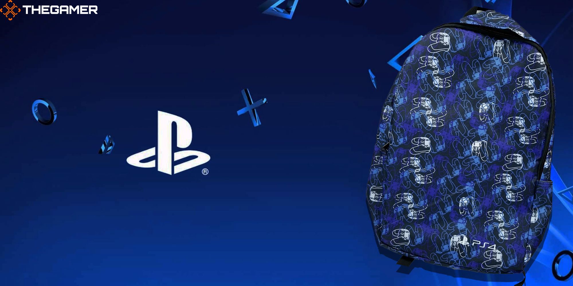 A blue PS4 backpack with etchings of the Dualshock 4 imprinted on it sitting in front of a blue PS-themed backdrop. Custom image for TG.