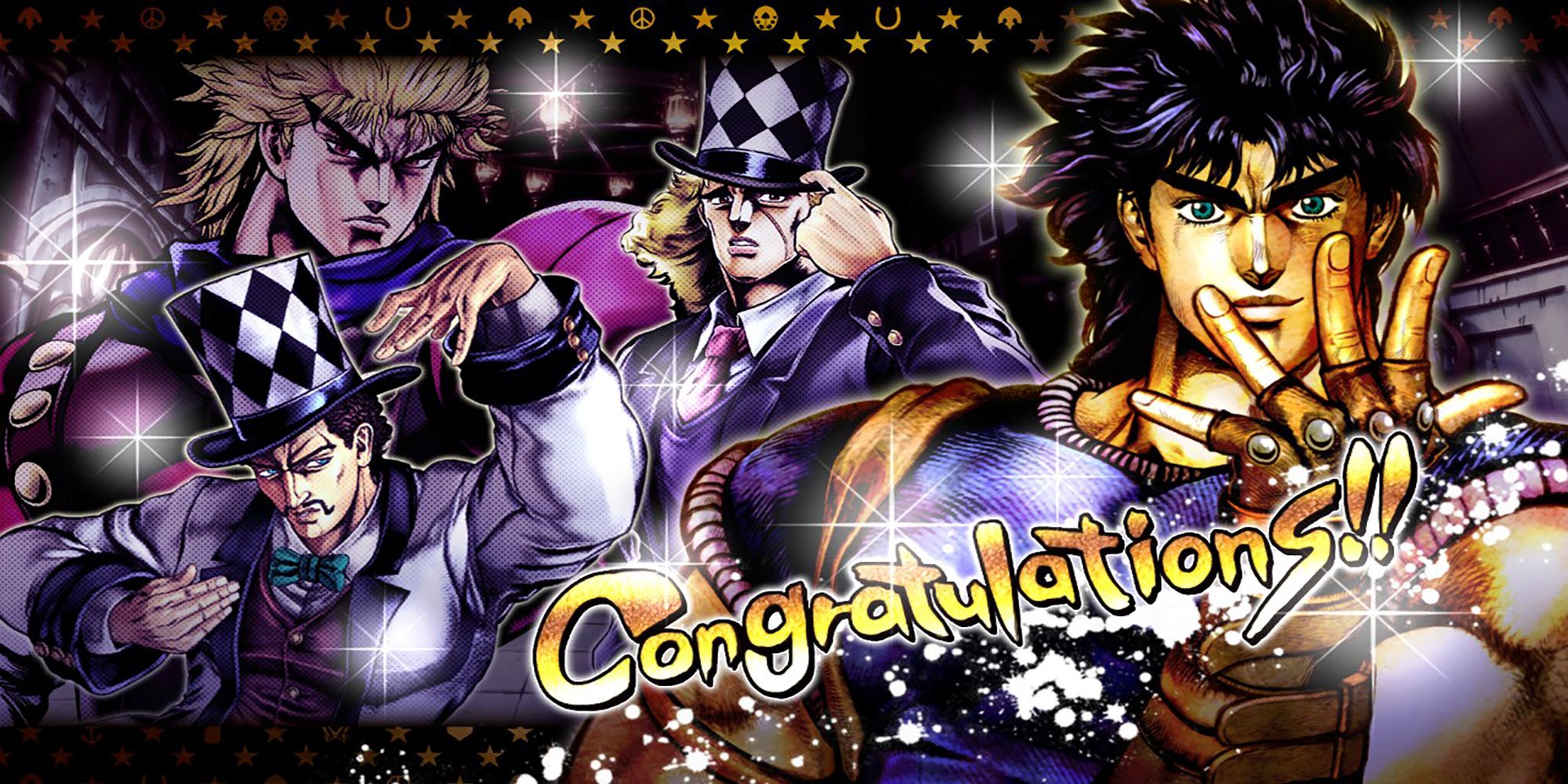 A special illustration featuring Dio Brando, Speedwagon, Zeppeli, and Jonathan for completing all of the Phantom Blood panels in All-Star Battle mode. Jojo's Bizarre Adventure ASBR.