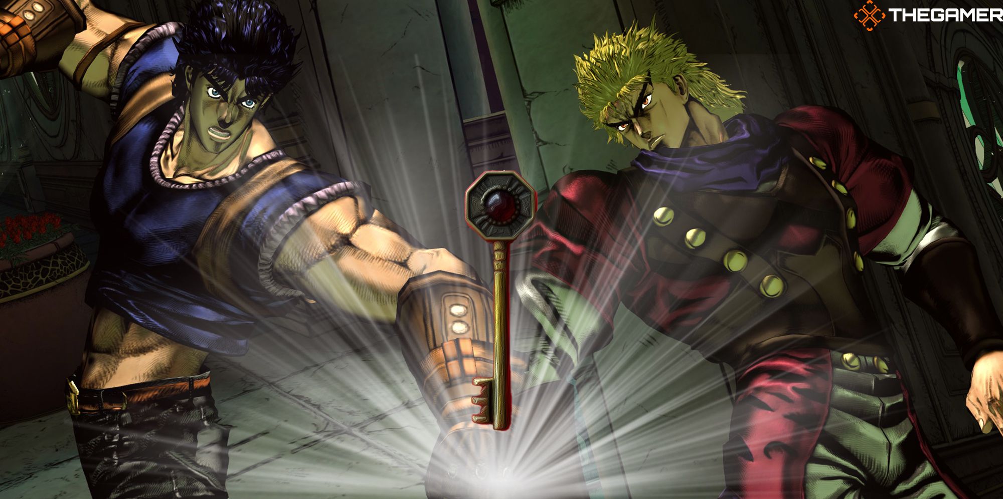 A Golden Wind key shines in front of Jonathan Joestar and Dio Brando in a custom image for Jojo's Bizarre Adventure ASBR.