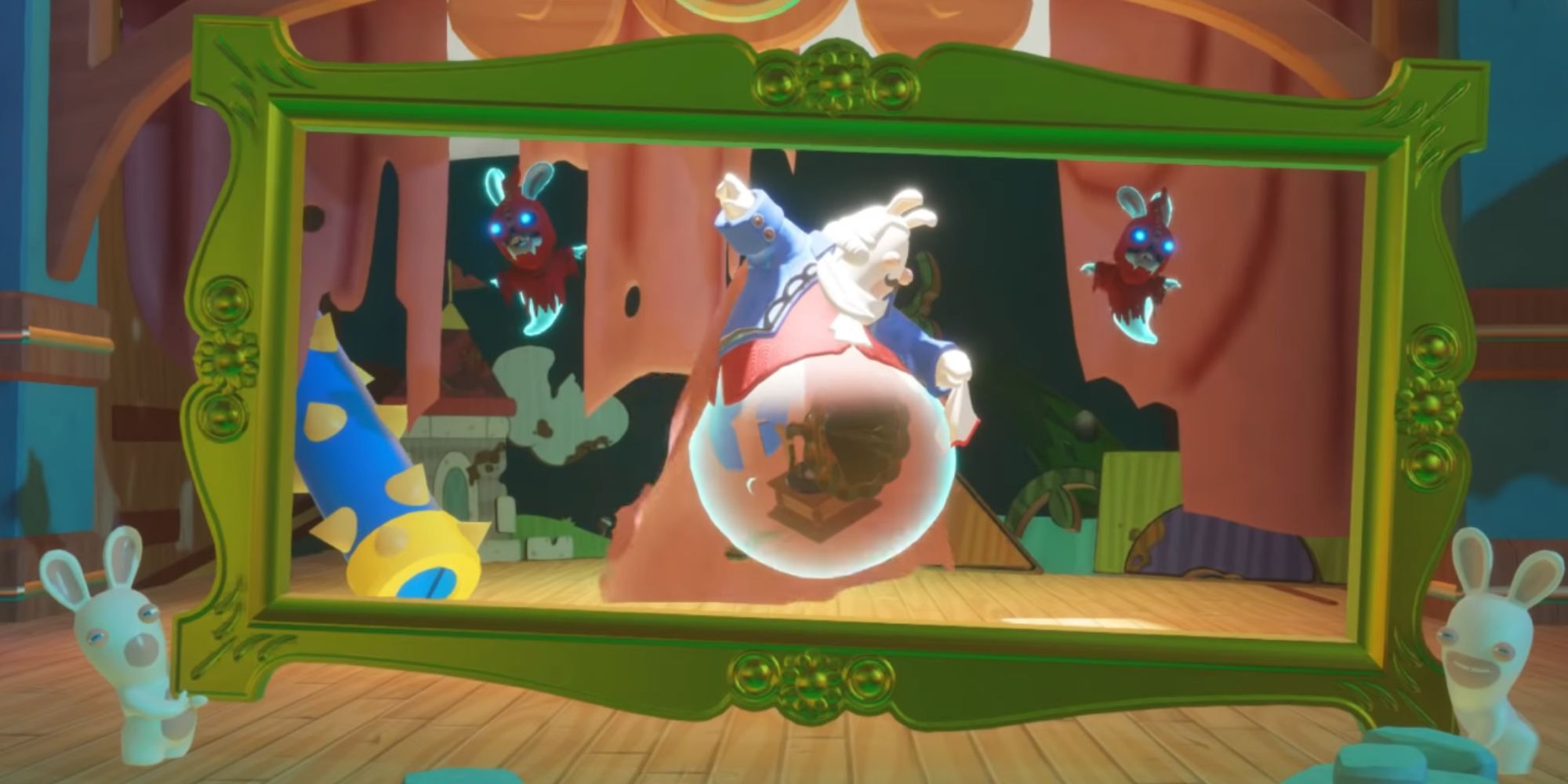 Phantom poses in a frame held by rabbids on a stage