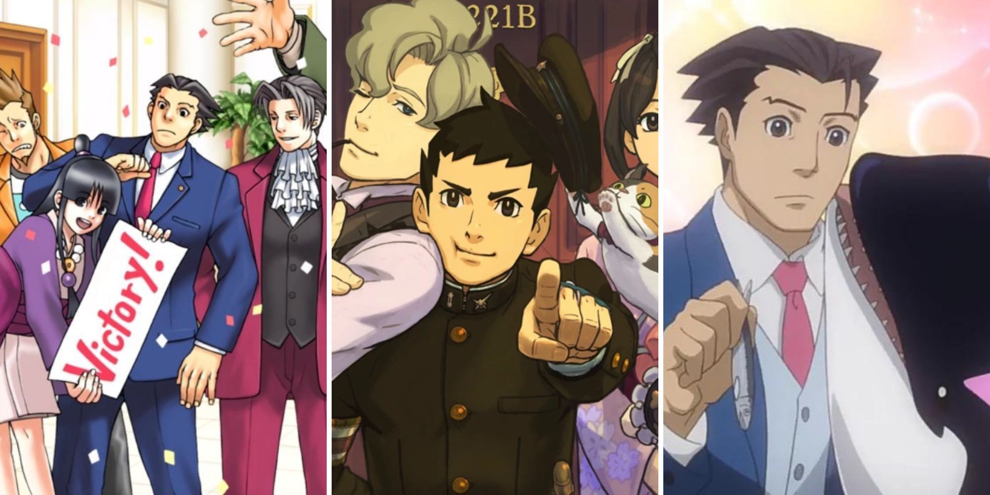 Phoenix Wright feiert mit Maya und Miles, Herlock Sholmes und Ryunosuke posieren, Phoenix wird von einem Wal geleckt