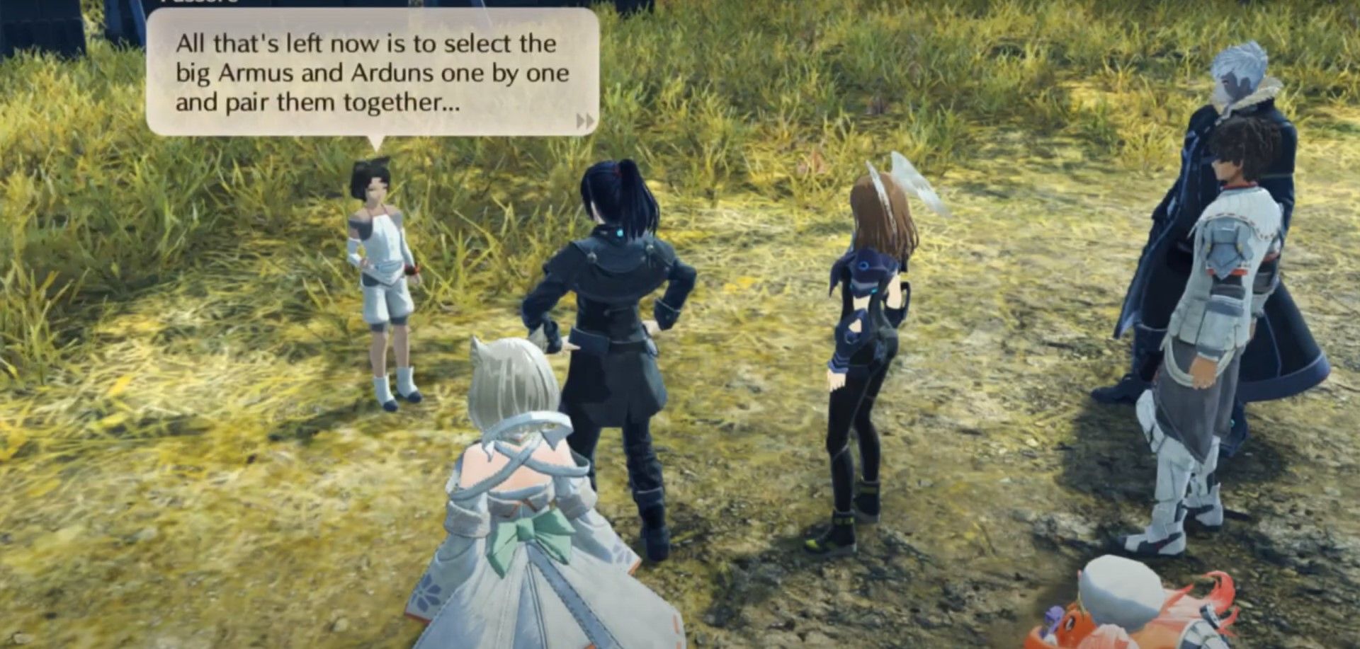 Tussore speaking to the party about picking Ardun Pairs in Xenoblade Chronicles 3.