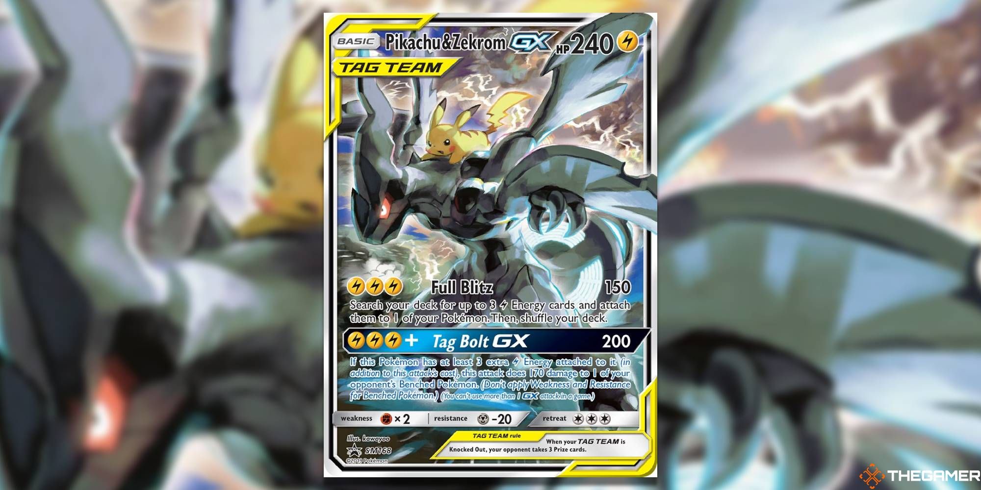 Pokemon TCG: Pikachu & Zekrom from Team Up, with blurred background