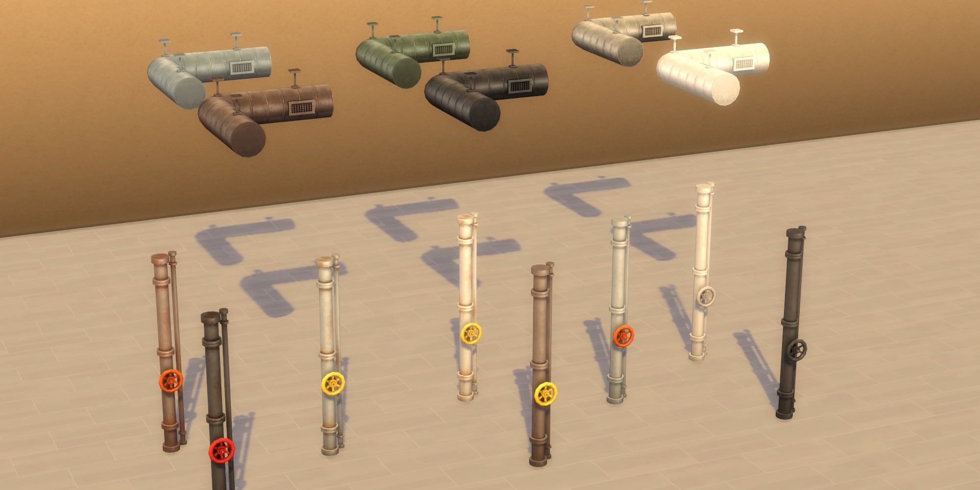 Sims 4: Industrial Loft Kit Pipes, all swatches in empty room