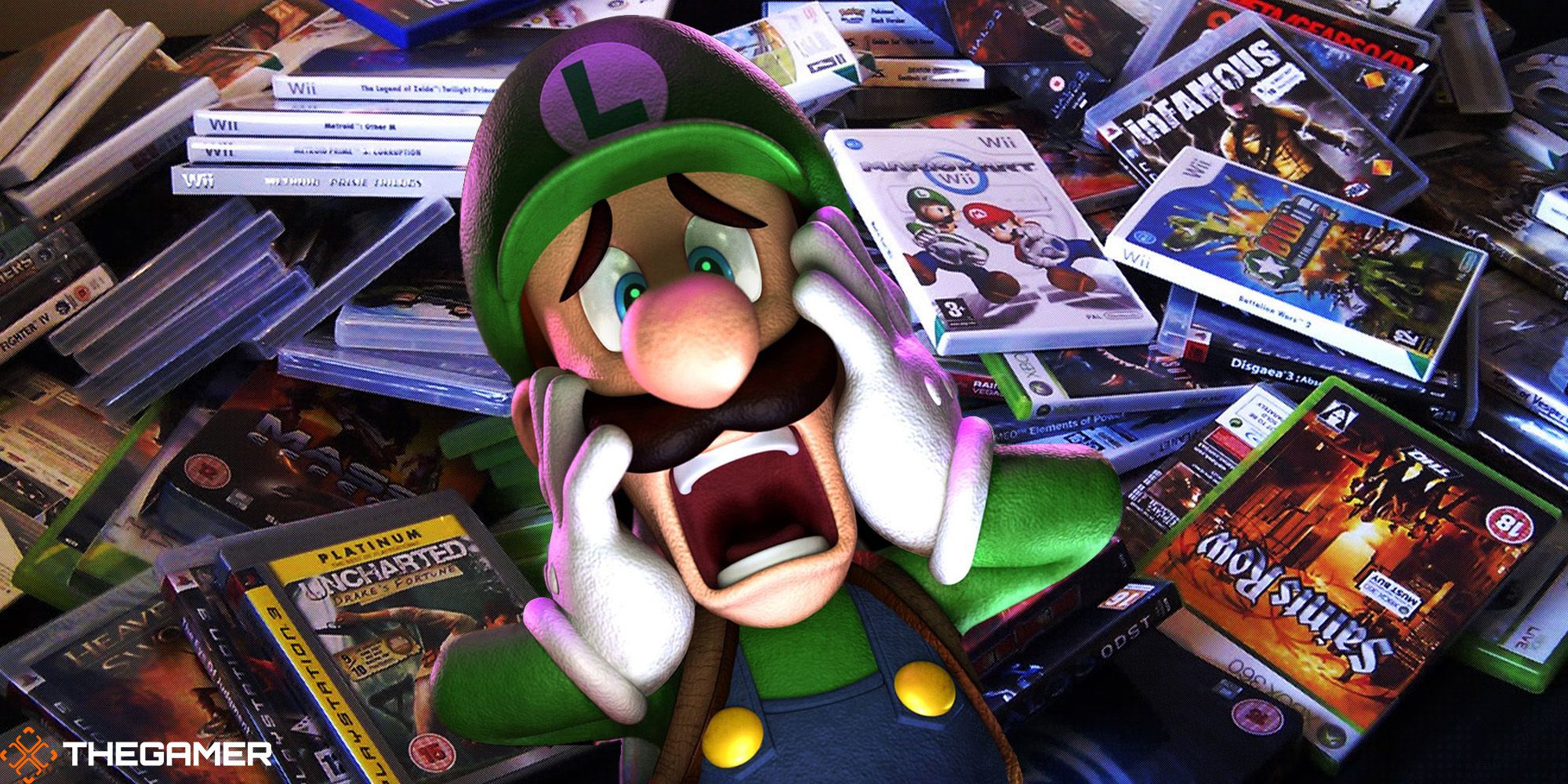 Luigi Shrieks In Terror Over The Abundant Pile Of Unorganized Games Before Him. Custom image for TG.