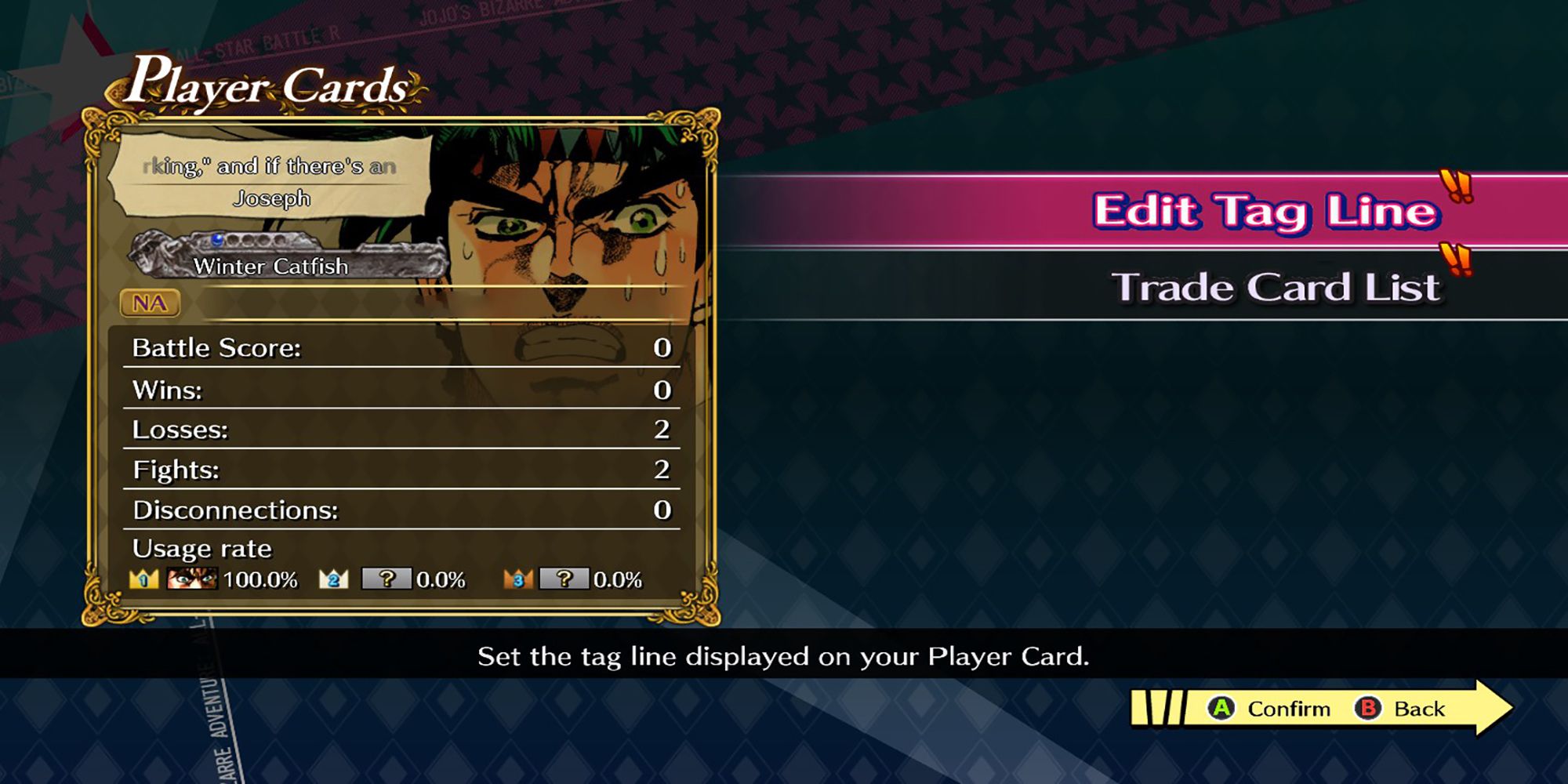 A player card with Joseph Joestar's face on it in Jojo's Bizarre Adventure- ASBR's Player Cards Menu.
